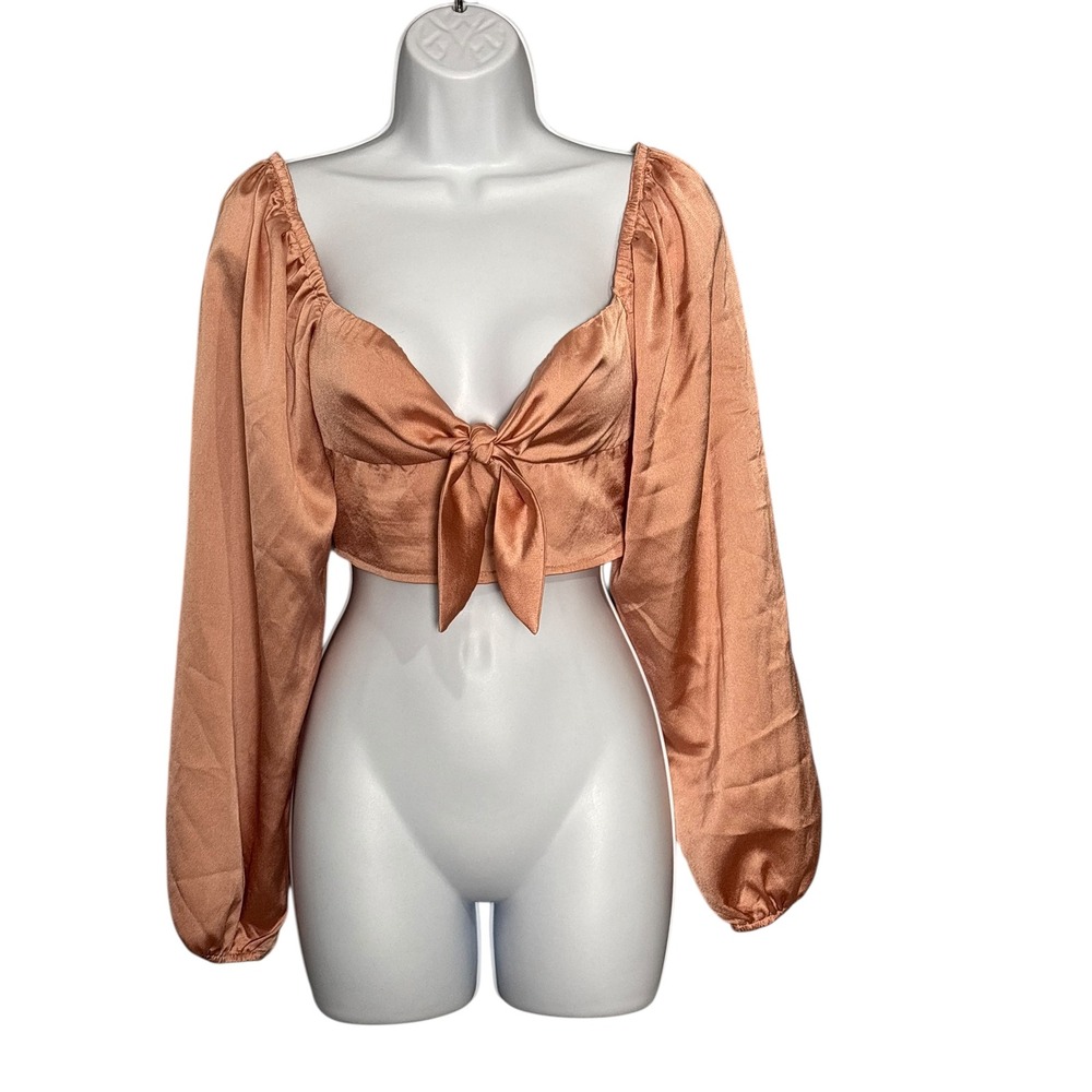 Satin Long Sleeve Tie Front Cropped Blouse Peach Smocked Back Square Neck